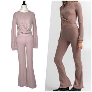 Sky & Sparrow | Women | Taupe Waffle Knit Thermal Crop Top Flare Pant Set | L-XL